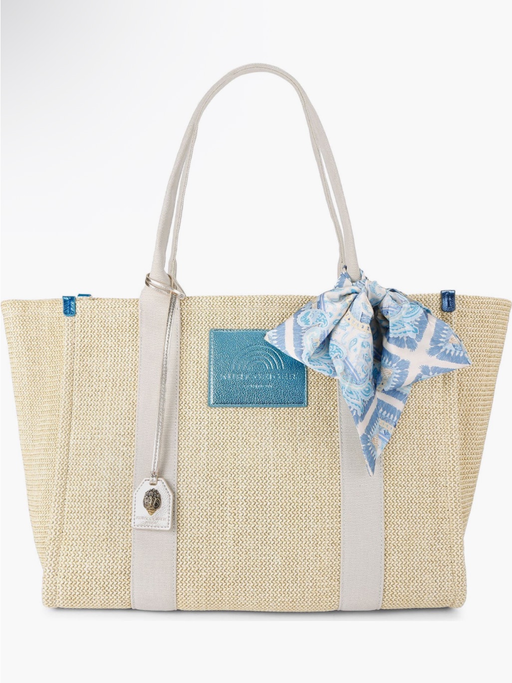 Kurt Geiger London Large Southbank Shopper Tote Bag Beige Blue Straw Scarf Nwt